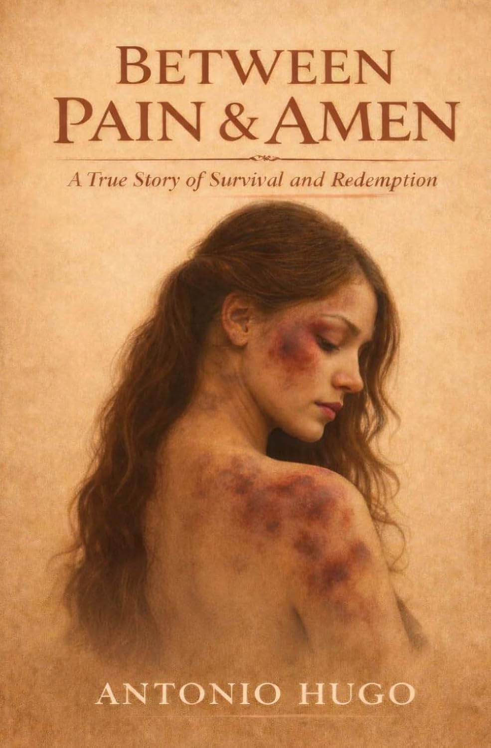 Published Between Pain and Amen paperback cover by Antonio Hugo, showing a woman looking over her shoulder against aged parchment.