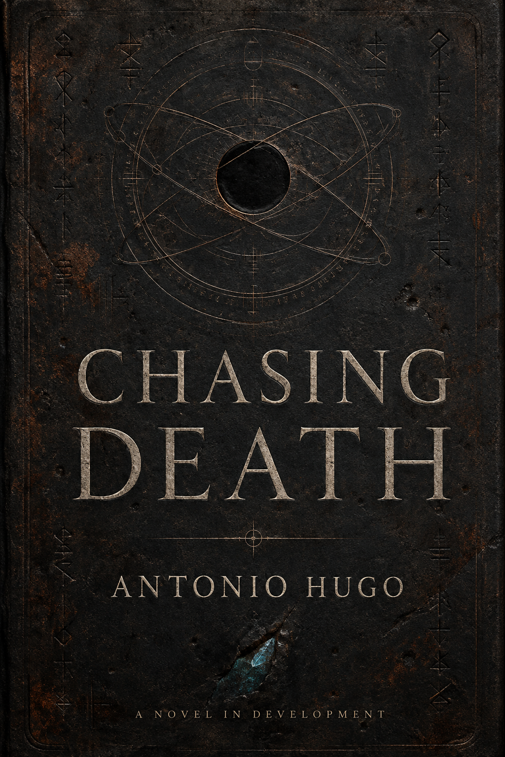 Provisional Chasing Death cover by Antonio Hugo: an etched black sun and orbital rings on weathered black metal, with cream lettering and a small blue-green crystal.